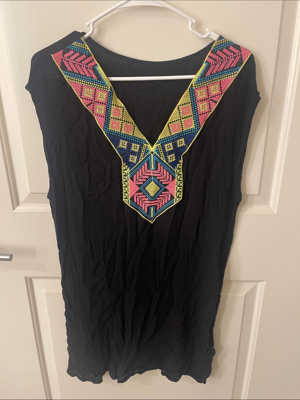 Women's Black Tunic Top with Neon Embroidered V-Neck